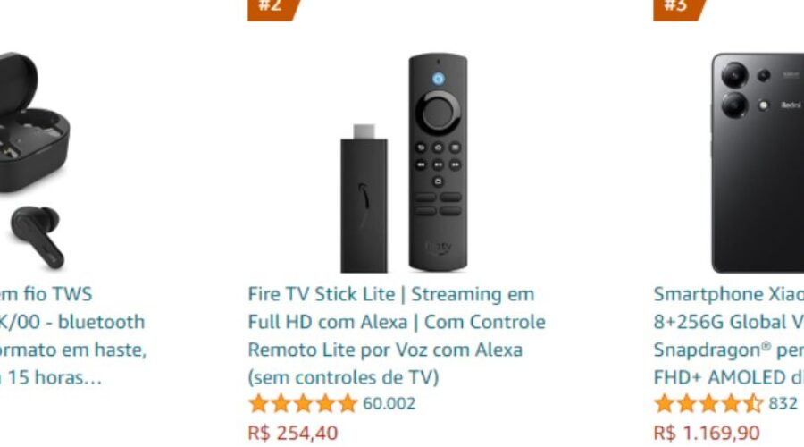 Eletrônicos mais vendidos na Amazon. 03 produtos.